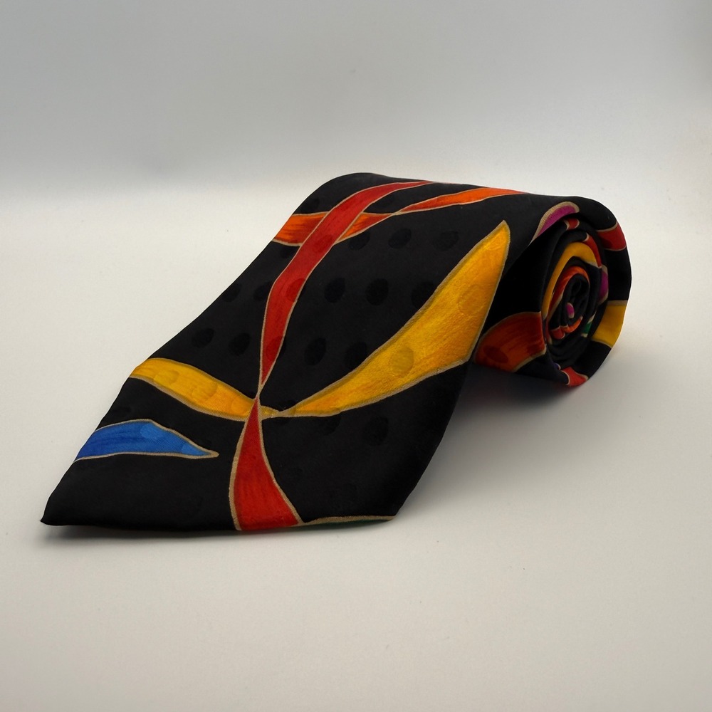 Steven Land New York Mens Silk Tie Black Abstract Geometric Multi Color Handmade